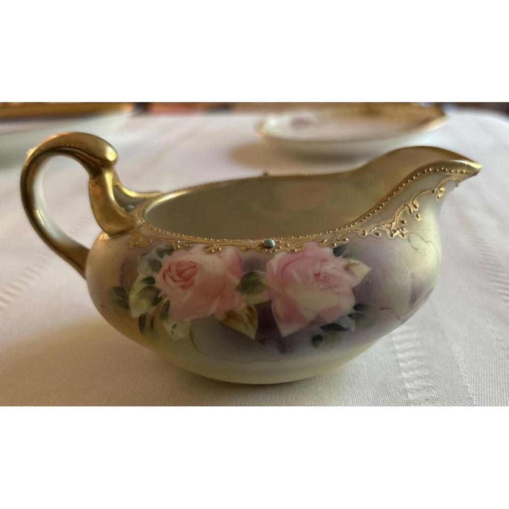 Antique Bavaria Hand Painted Roses Creamer Heavy Gold Trim Porcelain Pitcher